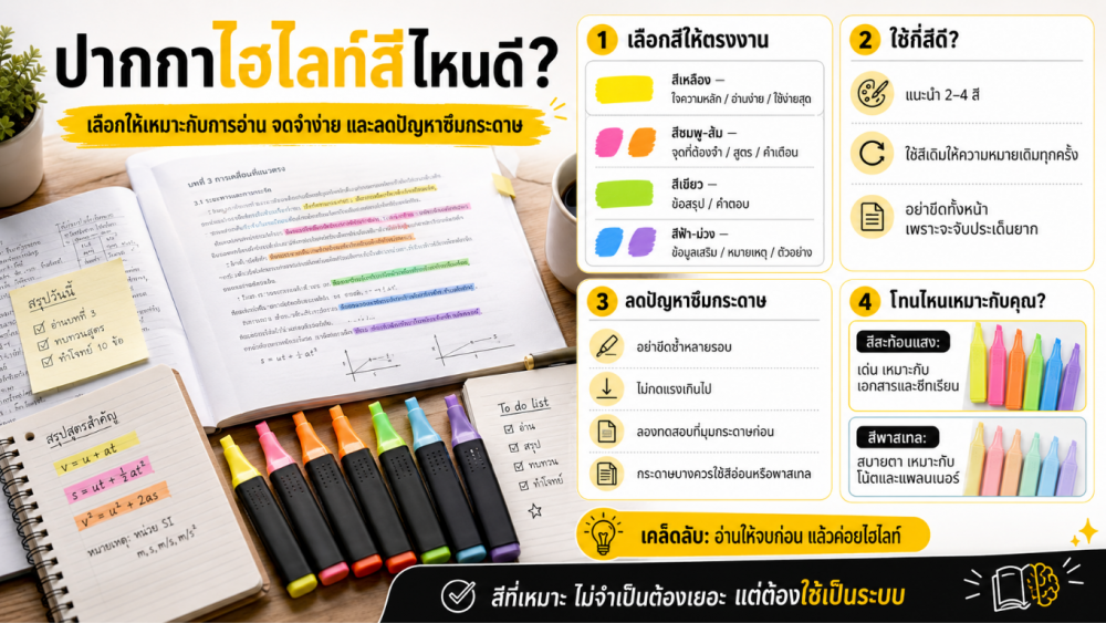 ปากกาไฮไลท์สีไหนดี วิธีเลือกให้เหมาะกับการอ่าน จดจำง่าย และลดปัญหาซึมกระดาษ