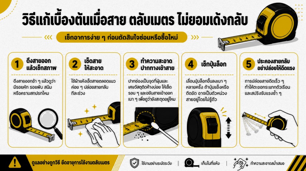 ตลับเมตร สายไม่ยอมเด้งกลับ แก้ได้ไหม หรือควรซื้อใหม่