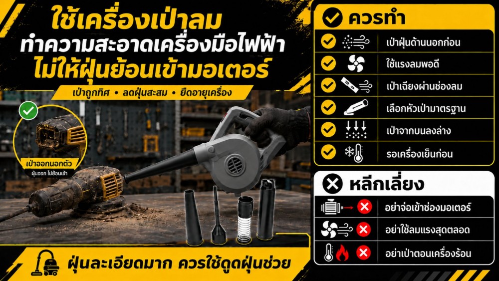 ใช้ เครื่องเป่าลม ทำความสะอาดเครื่องมือไฟฟ้ายังไง ไม่ให้ฝุ่นย้อนเข้ามอเตอร์ ใช้ เครื่องเป่าลม ทำความสะอาดเครื่องมือไฟฟ้ายังไง ไม่ให้ฝุ่นย้อนเข้ามอเตอร์
