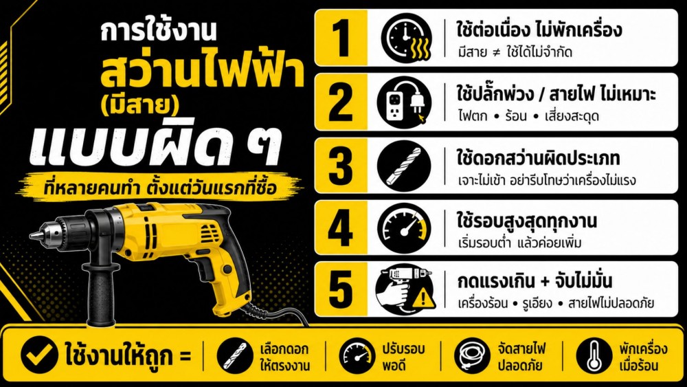 5 การใช้งาน สว่านไฟฟ้า มีสาย แบบผิด ๆ ที่หลายคนทำ ตั้งแต่วันแรกที่ซื้อ 5 การใช้งาน สว่านไฟฟ้า มีสาย แบบผิด ๆ ที่หลายคนทำ ตั้งแต่วันแรกที่ซื้อ