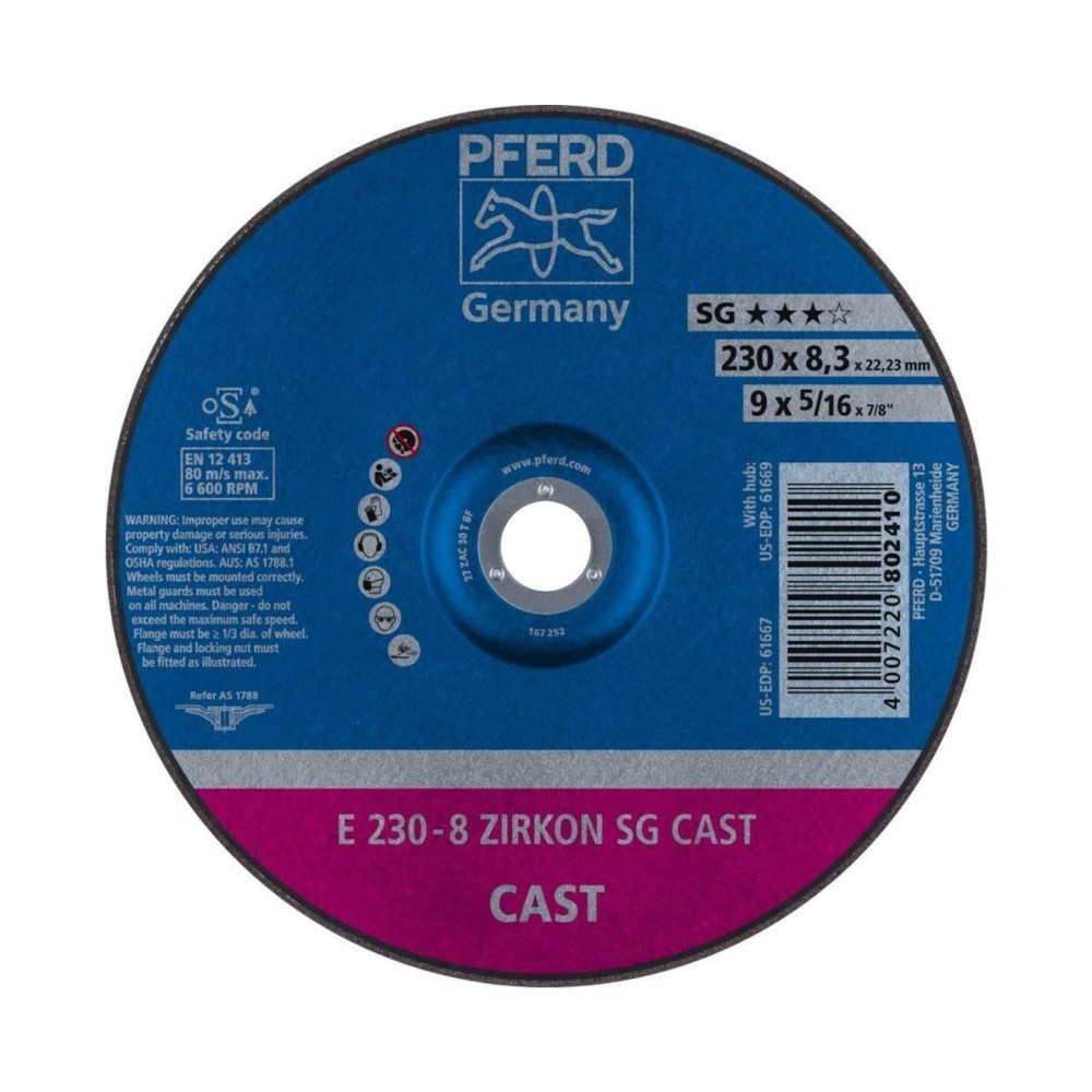 ใบเจียร์เหล็ก PFERD E 230 8 ZIRKON SG CAST ขนาด 230 x 8 3 x 22 23 มม 