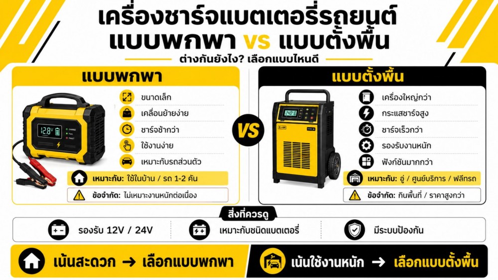 เครื่องชาร์จแบตเตอรี่รถยนต์ แบบพกพา กับแบบตั้งพื้น ต่างกันยังไงบ้าง