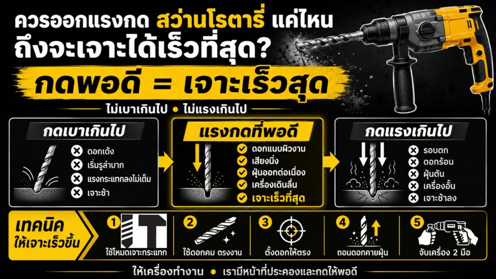 ควรออกแรงกด สว่านโรตารี่ แค่ไหน ถึงจะเจาะได้เร็วที่สุด ควรออกแรงกด สว่านโรตารี่ แค่ไหน ถึงจะเจาะได้เร็วที่สุด