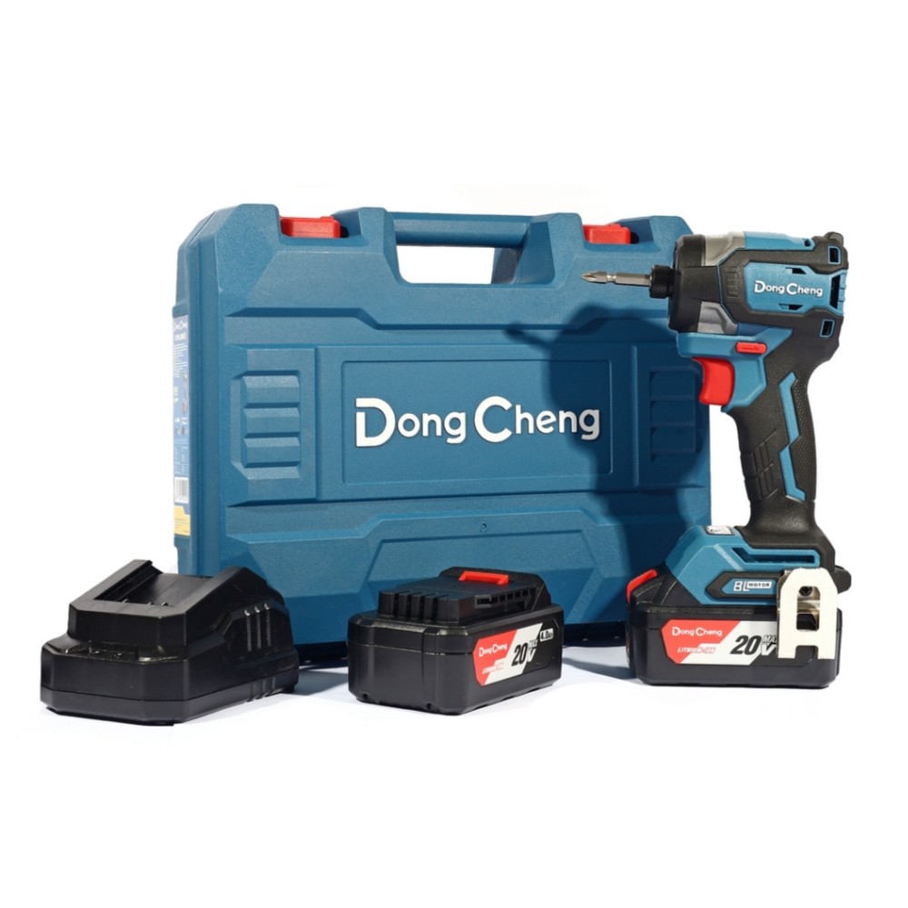 สว่านไขควงกระแทกไร้สาย DONG CHENG DCPL208 EM 20V  BL Motor 208 Nm  พร้อมแบต 4 0Ah x  2 ก้อน     แท่นชาร์จ
