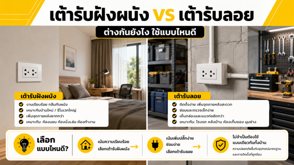 เต้ารับฝังผนังกับเต้ารับลอย ต่างกันยังไง ใช้แบบไหนดี เต้ารับฝังผนังกับเต้ารับลอย ต่างกันยังไง ใช้แบบไหนดี