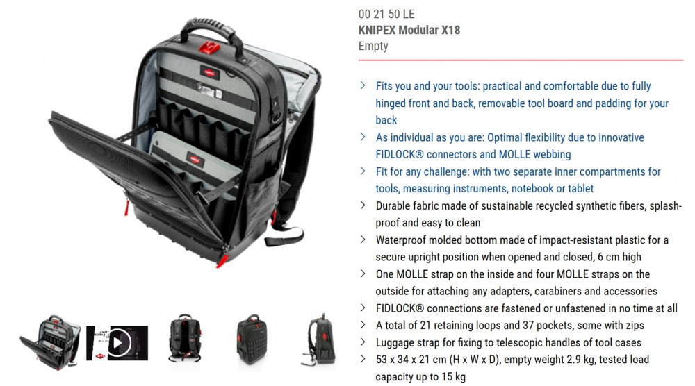 Knipex 00 21 50 S Tool backpack Modular X18 Plumbing