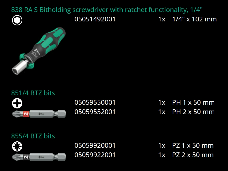 ชุดไขควงอเนกประสงค์ Wera Kraftform Kompakt 838 RA S Set 1, 05051060001 ชุด 14 ชิ้น