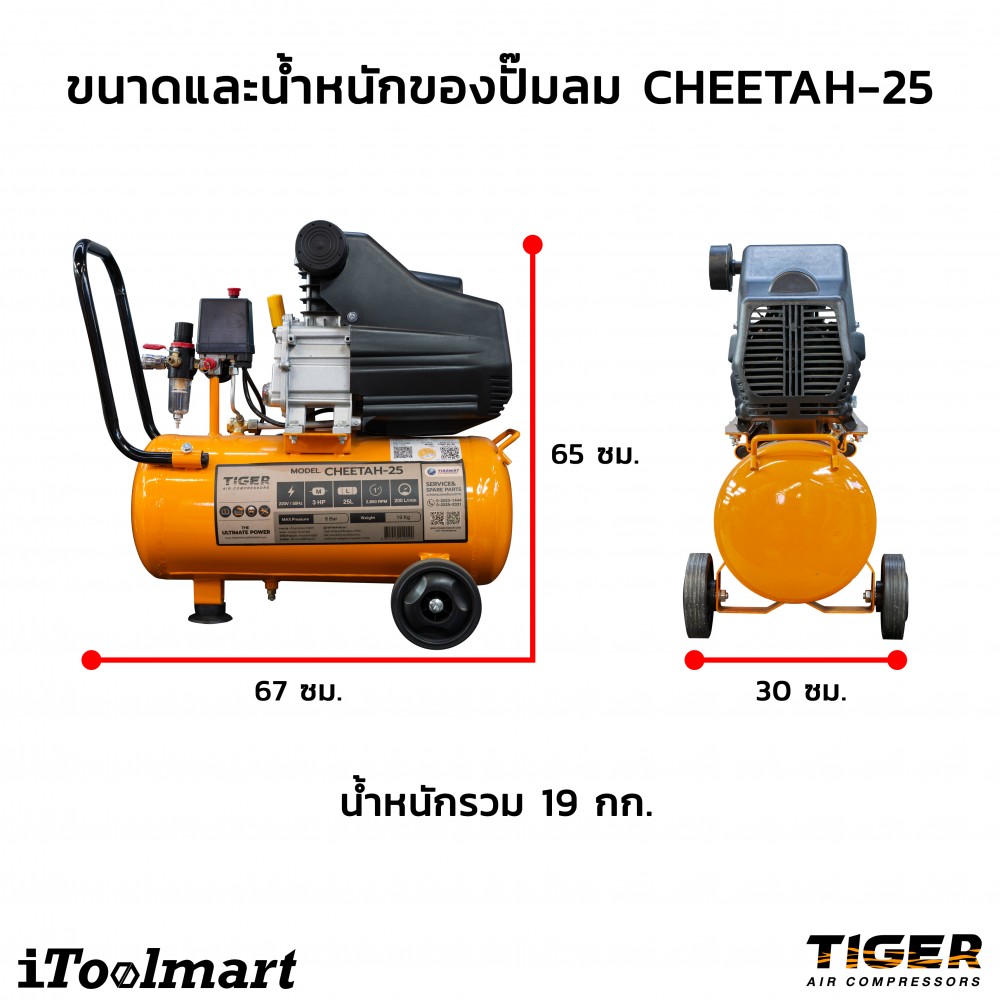 ปั๊มลมโรตารี่ TIGER รุ่น CHEETAH ขนาดถัง 25 L. กำลังไฟ 3HP