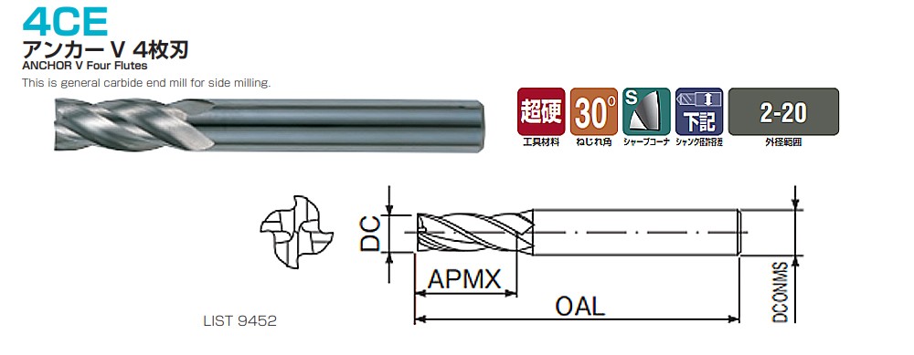 ดอกเอ็นมิลล์ Nachi L9452 Anchor V Four Flutes