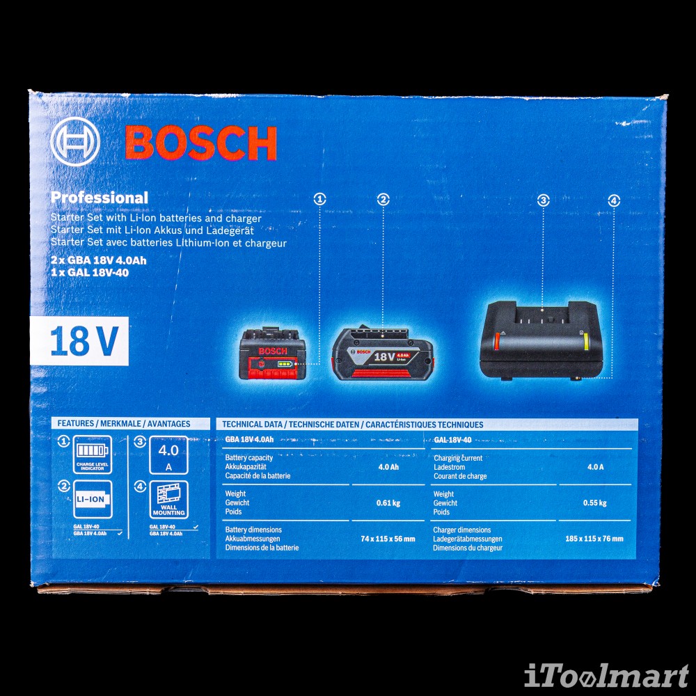 แบตเตอรี่ BOSCH Starter Kit 18V. 4Ah. 2 ก้อน แท่นชาร์จ รุ่น GAL 18V-40