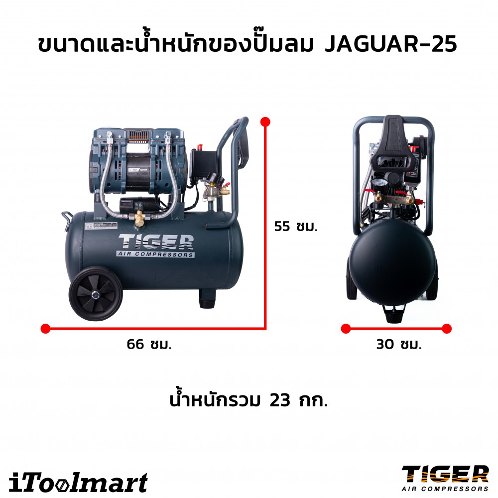 ปั๊มลมชนิด เงียบ แบบไร้น้ำมัน Tiger Jaguar25 ขนาด 25 ลิตร (รอบเร็ว 2850)