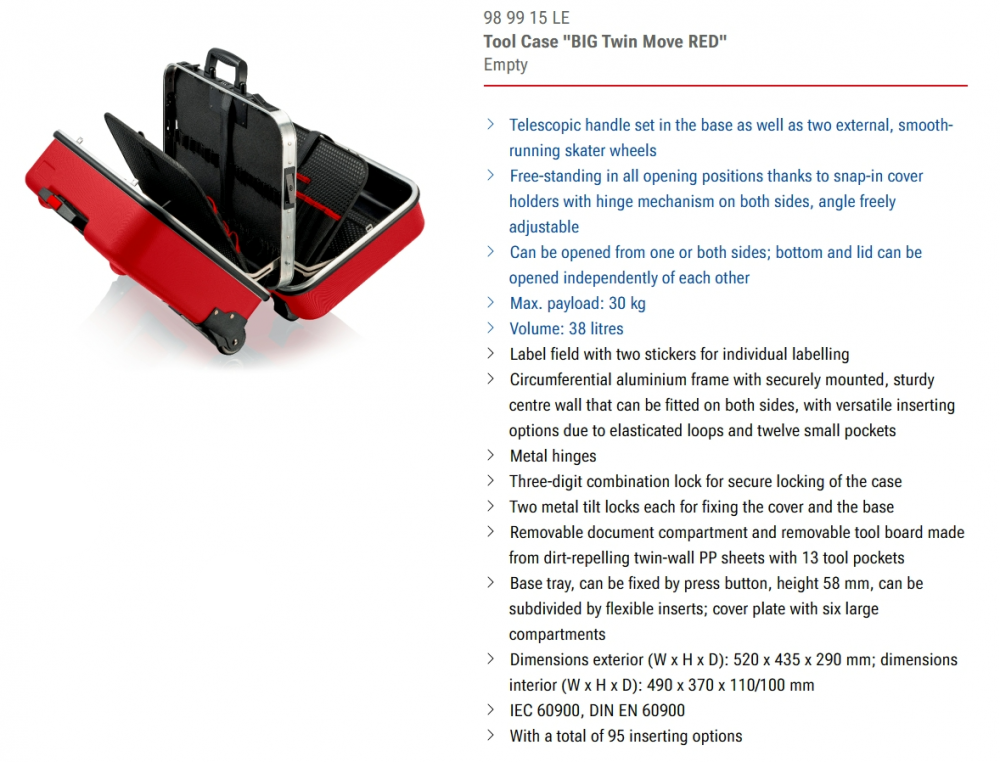 ชุดเครื่องมือช่างไฟฟ้า KNIPEX 98 99 15 Toolbox BIG Twin Move RED Electric 95 ชิ้น