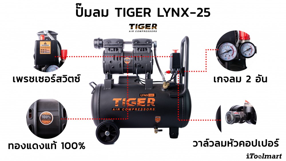 ปั๊มลมไร้น้ำมัน TIGER LYNX25 550W ถัง 25 ลิตร