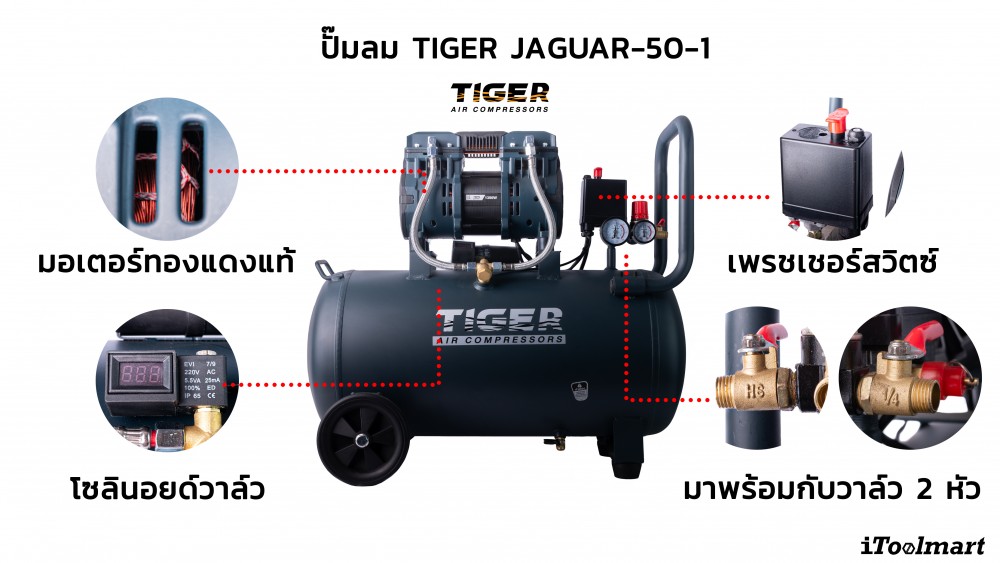 ปั๊มลมชนิด เงียบ แบบไร้น้ำมัน Tiger Jaguar 50-1 ขนาด 50 ลิตร ความรอบเร็ว 2850 ต่อนาที