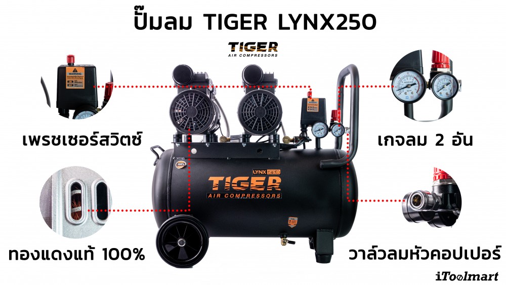 ปั๊มลมไร้น้ำมัน TIGER LYNX250 1100W ถัง 50 ลิตร