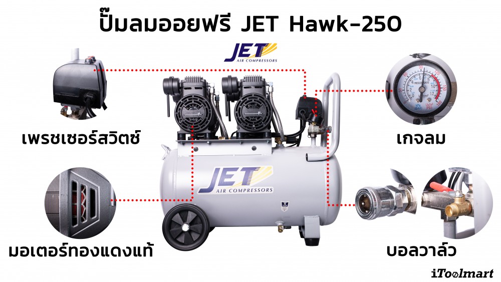 ปั๊มลมออยฟรี JET Hawk-250 ขนาด 50 ลิตร 2 หัว