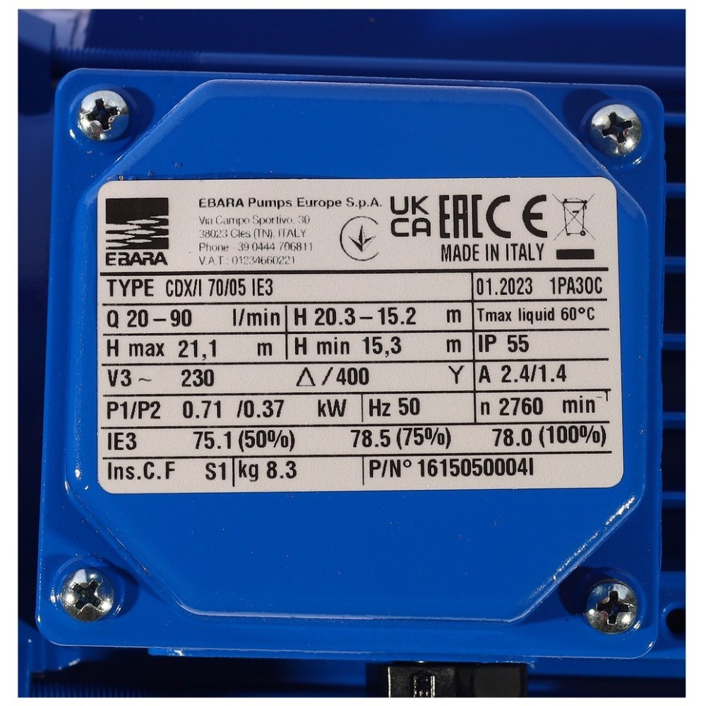 ปั๊มหอยโข่ง Ebara CDX/I 70/05 ปั๊ม SS304 ใบพัดเดี่ยว ขนาด 1-1/4 x 1 นิ้ว, 3 สาย 0.5HP 0.37KW 380V