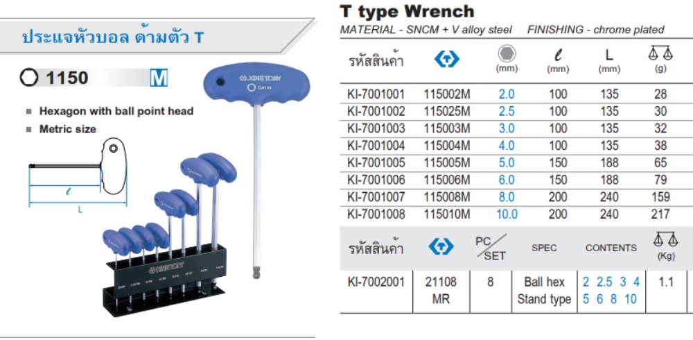 ชุดประแจหกเหลี่ยมหัวบอล KINGTONY 21108 MR ด้ามตัว L  8 ตัวชุด 