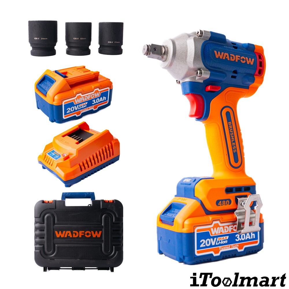 บล็อกกระแทกไร้สาย WADFOW WWCD1B481 ขนาด 1 2 นิ้ว 20V  พร้อมแบตเตอรี่และแท่นชาร์จ