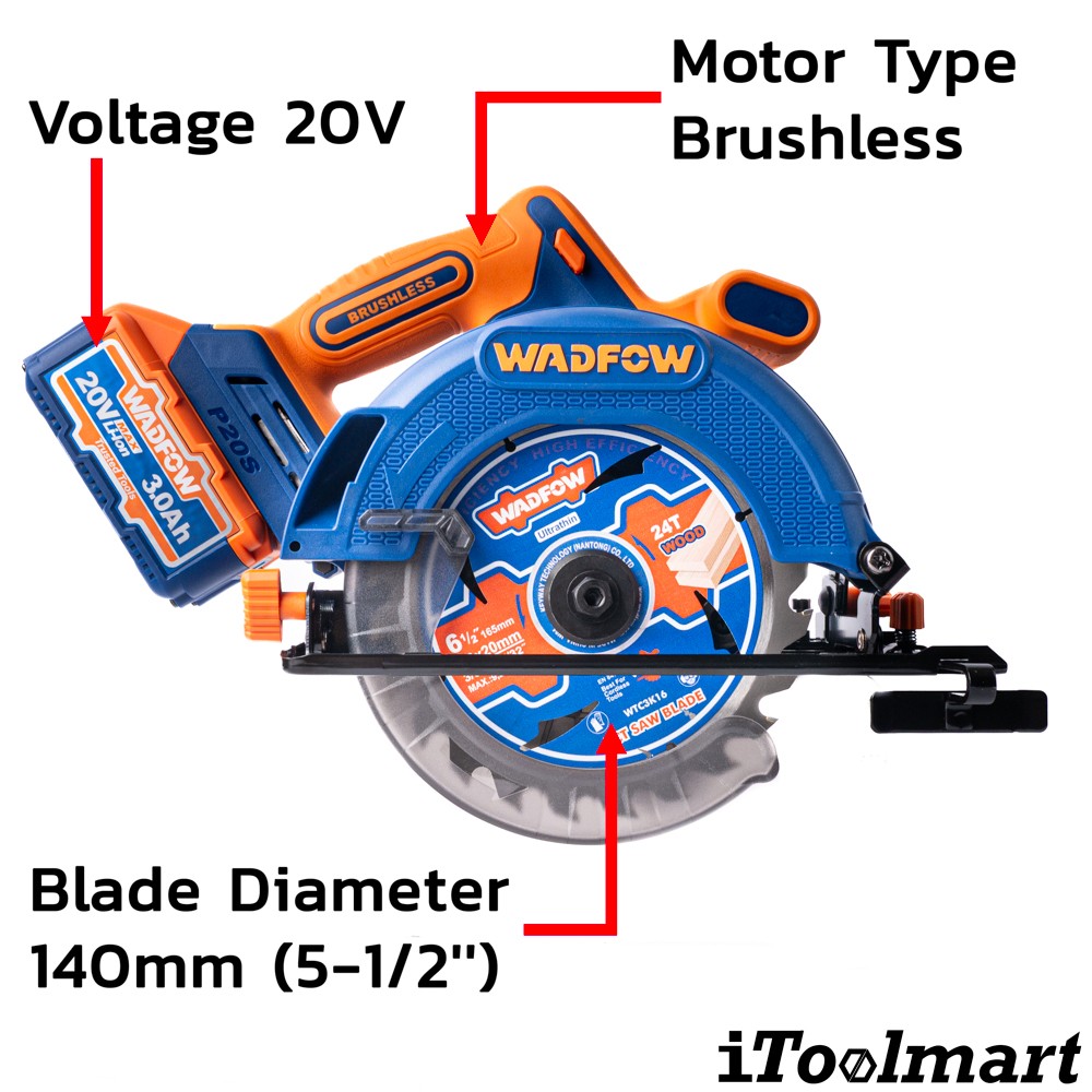 เลื่อยวงเดือนไร้สาย WADFOW WLWP5521 20V ขนาด 165 mm 