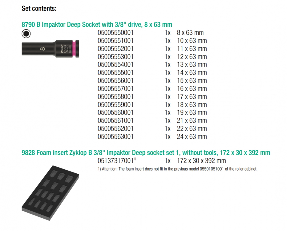 ชุดลูกบล็อก Wera 9728 Foam insert 8790 B Impaktor Deep set 1 05150118001 (15 ชิ้น)
