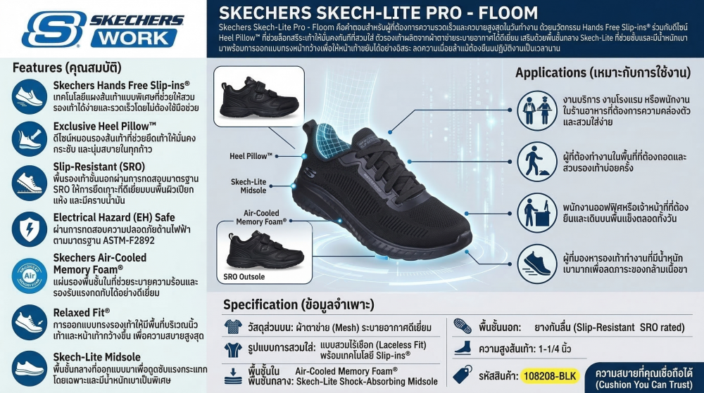 รองเท้าเซฟตี้ Skechers 08208 Skech-Lite Pro Floom (Work Womens) สีดำ รองเท้าแบบสวม พื้นกันลื่น ป้องกันอันตรายจากไฟฟ้า