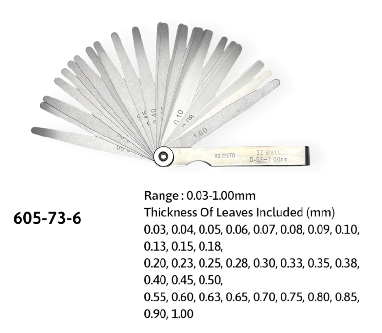 ฟิลเลอร์เกจ ASIMETO 605 73 6 ระยะการวัด 0 03 1 00 มม  จำนวน 32 ใบ
