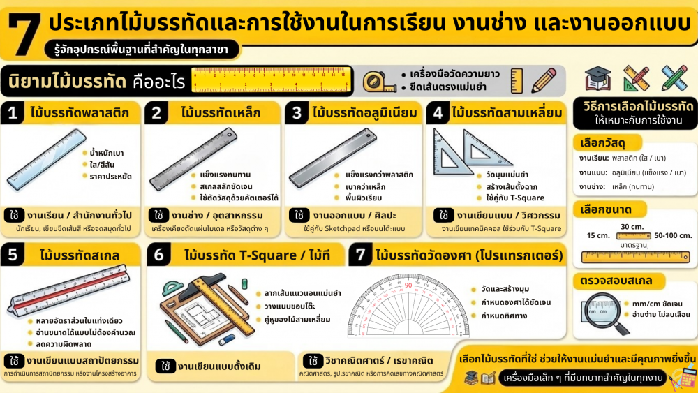 ไม้บรรทัด มีกี่แบบ รู้จัก 7 ประเภทที่ใช้ต่างกันในงานเรียน งานช่าง และงานออกแบบ ไม้บรรทัด มีกี่แบบ รู้จัก 7 ประเภทที่ใช้ต่างกันในงานเรียน งานช่าง และงานออกแบบ