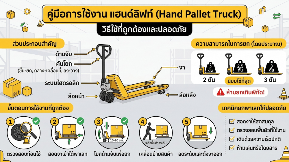 แฮนด์ลิฟท์ ใช้ยังไง วิธีใช้งานที่ถูกต้อง พร้อมเทคนิคยกพาเลทให้ปลอดภัยในคลังสินค้า