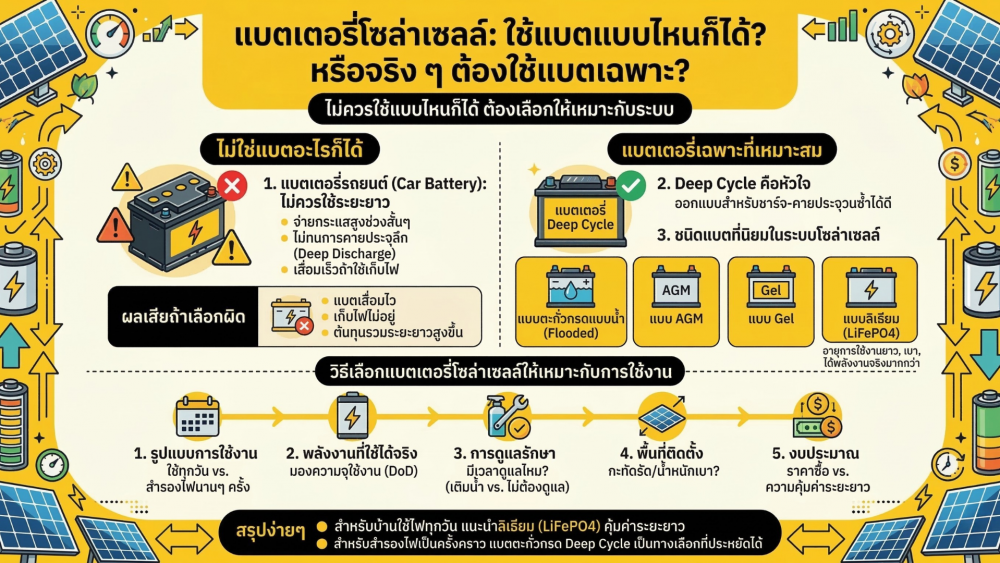แบตเตอรี่โซล่าเซลล์ ใช้แบตแบบไหนก็ได้ไหม หรือจริง ๆ ต้องใช้แบตเฉพาะ