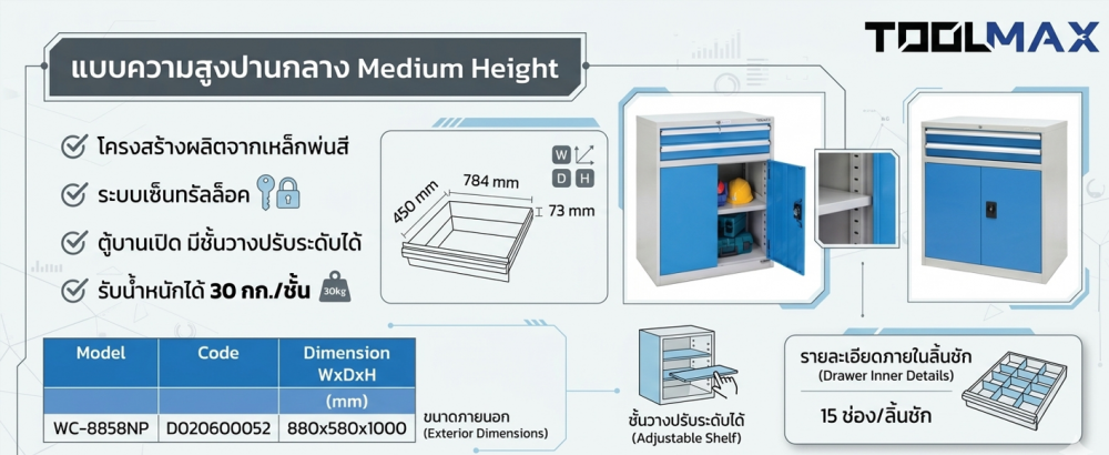 ตู้เครื่องมือช่าง 2 ลิ้นชัก TOOLMAX WC 8858NP พร้อมตู้บานเปิด 2 ชั้น แบบตั้งพื้น