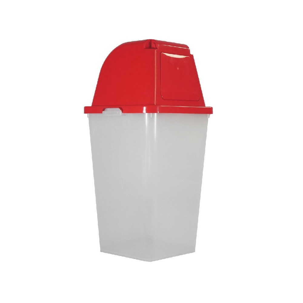 ถังขยะพลาสติก PP JBJ H050200087 ฝาเปิดปิด รุ่น O01003 สีใส ฝาแดง ขนาด 60 ลิตร
