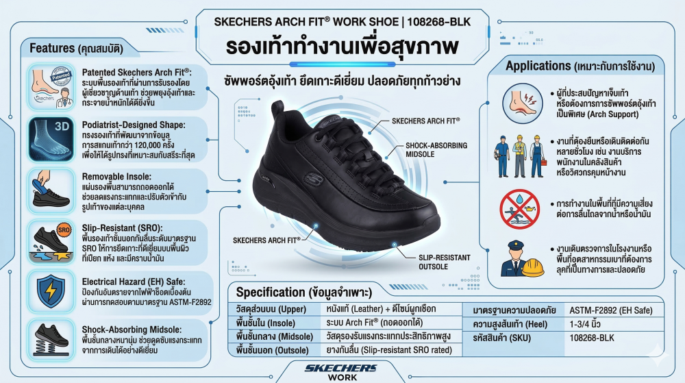 รองเท้าเซฟตี้ Skechers 108268 Arch Fit 2 0 Slip Resistant  Work Womens  No 5 สีดำ พื้นกันลื่น ระบายความร้อนด้วยอากาศ ป้องกันอันตรายจากไฟฟ้า