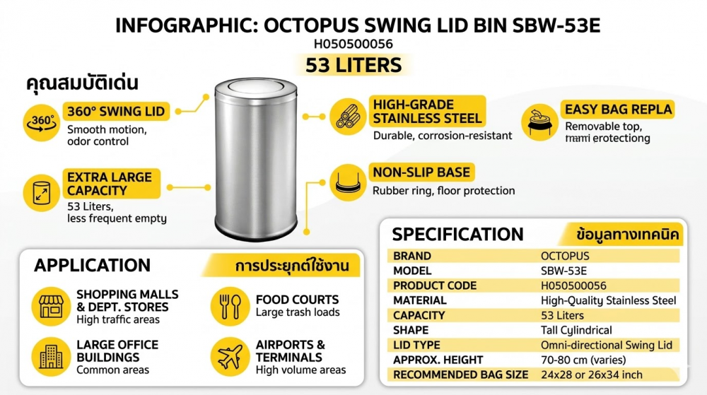 ถังขยะสแตนเลสฝาสวิงทรงกลม OCTOPUS H050500056 รุ่น SBW 53E ขนาด 53 ลิตร