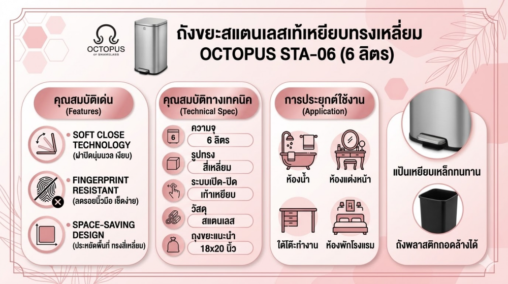 ถังขยะสแตนเลสเท้าเหยียบทรงเหลี่ยม OCTOPUS H050500077 รุ่น STA 06 ขนาด 6 ลิตร