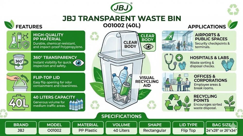 ถังขยะพลาสติก PP ฝาเปิดปิด JBJ H050600004 รุ่น O01002 สีใส ขนาด 40 ลิตร