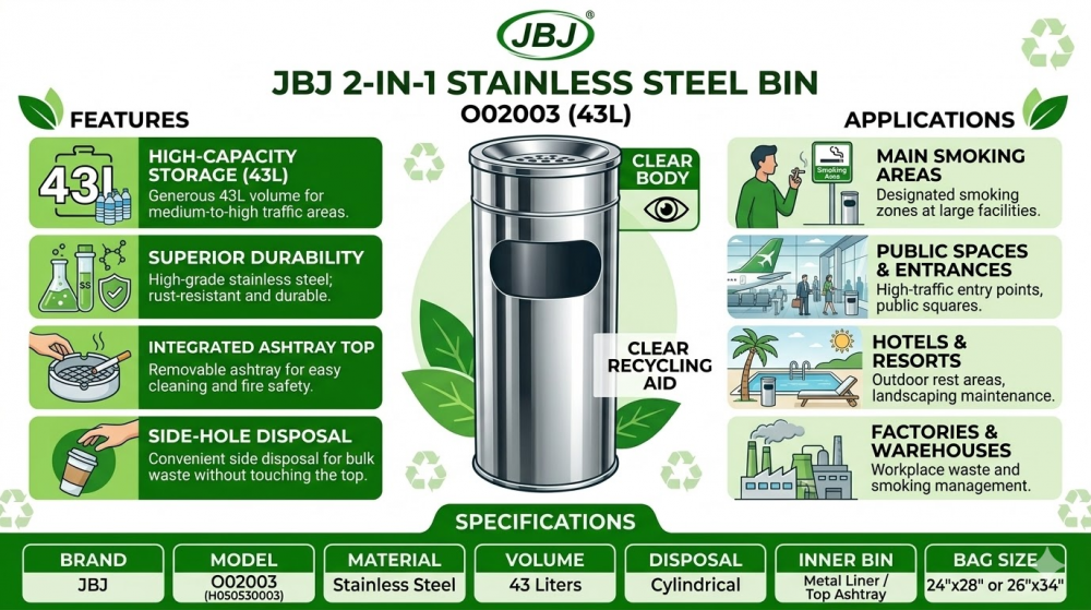 ถังขยะสแตนเลสพร้อมที่เขี่ยบุหรี่ JBJ H050530003 ขนาด 43 ลิตร