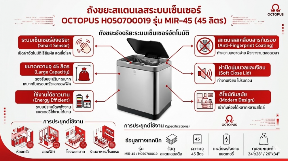 ถังขยะสแตนเลสระบบเซ็นเซอร์ OCTOPUS H050700019 รุ่น MIR 45 ขนาด 45 ลิตร