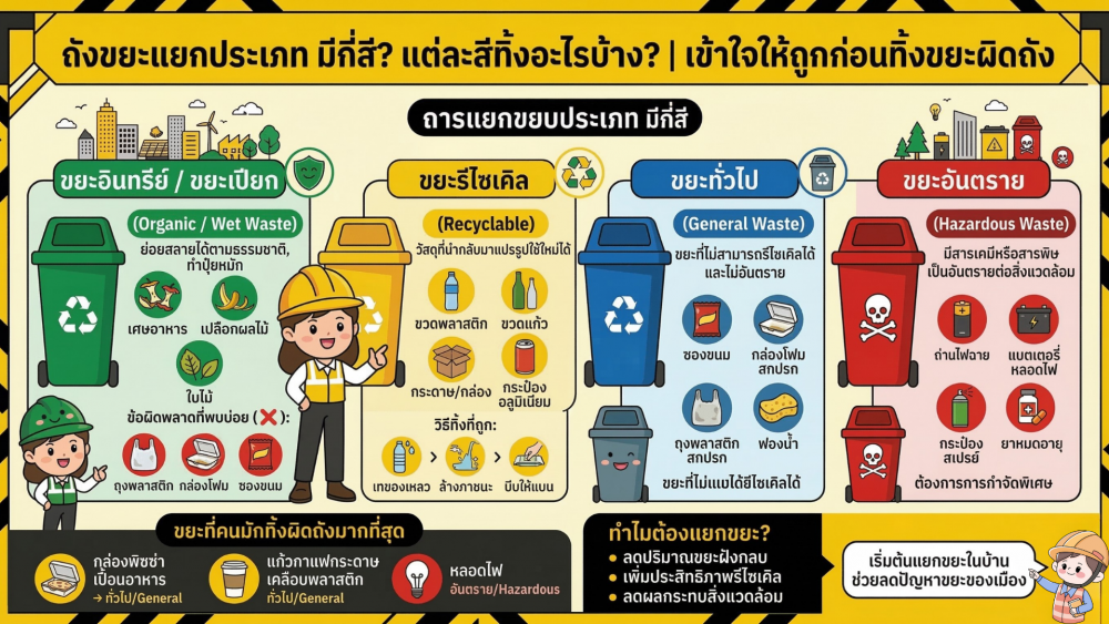ถังขยะแยกประเภท มีกี่สี แต่ละสีทิ้งอะไรบ้าง เข้าใจให้ถูกก่อนทิ้งขยะผิดถัง