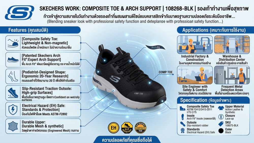 รองเท้าเซฟตี้ Skechers 108075 Arch Fit SR Ebinal  Work Womens  สีดำ หัวคอมโพสิต ป้องกันอันตรายจากไฟฟ้า