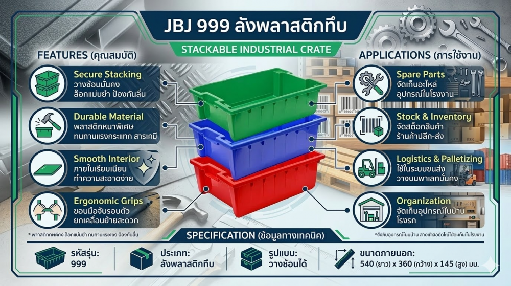 ลังทึบ JBJ 999 สามารถซ้อนได้ สีเขียว ขนาด 540 x 360 x 145 มม 