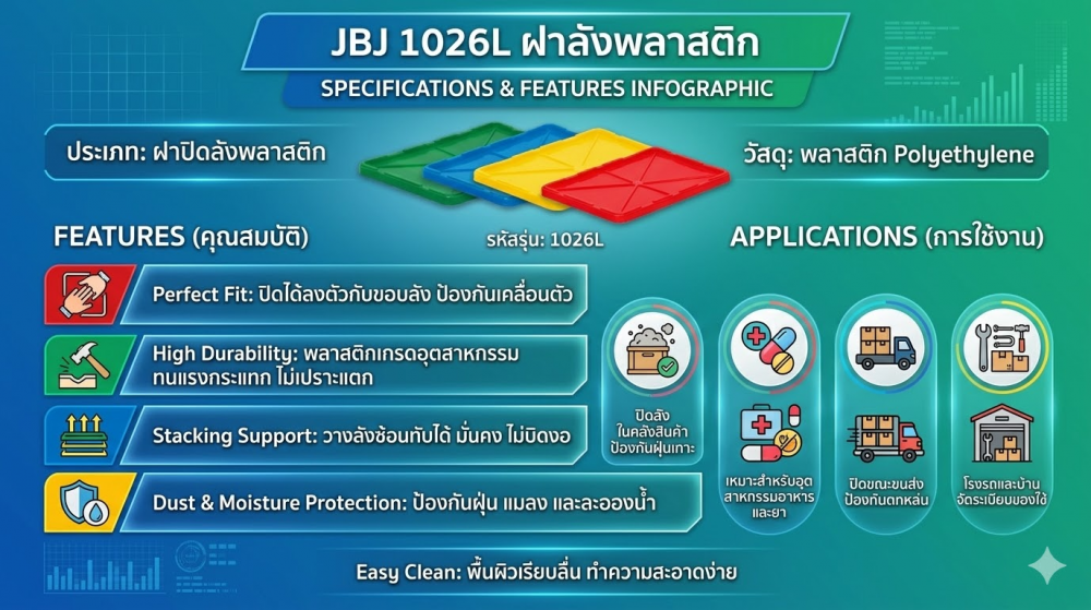 ฝาลังพลาสติก JBJ 1026L สีเขียว ขนาด 508 x 330 x 23 มม 