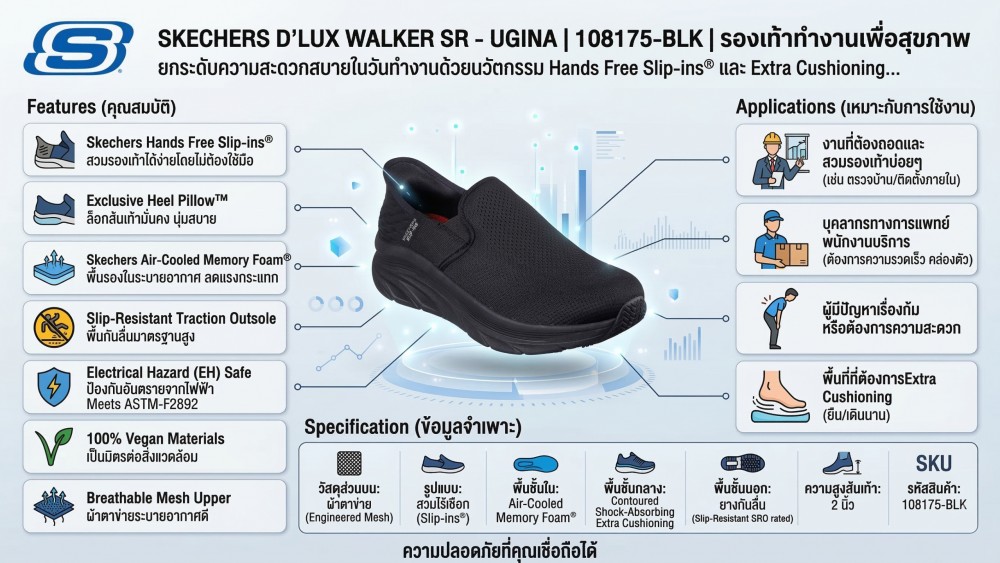 รองเท้าเซฟตี้ Skechers 108175 D'Lux Walker SR Ugina (Work Womens) สีดำ พื้นกันลื่น มีหมอนรองส้นเท้า ป้องกันอันตรายจากไฟฟ้า
