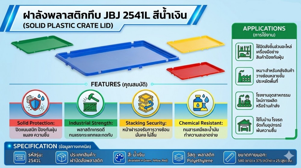 ฝาลังพลาสติกทึบ JBJ 2541L สีเหลือง ขนาด 580 x 375 x 25 มม 