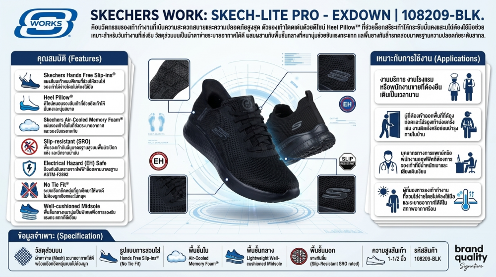 รองเท้าเซฟตี้ Skechers&nbsp;108209 Skech Lite Pro Slip Resistant Exdown  Work Womens  No 10 สีดำ