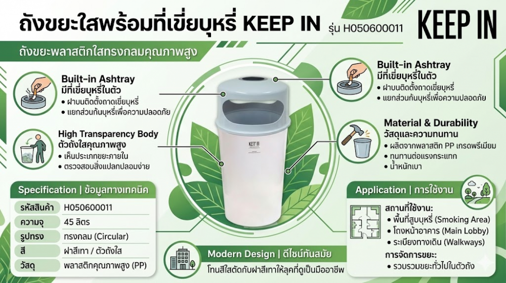 ถังขยะใสพร้อมที่เขี่ยบุหรี่ KEEP IN H050600011 ตัวใสฝาสีเทา ความจุ 45 ลิตร