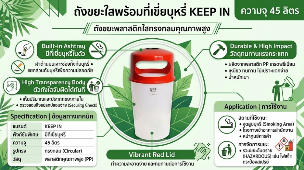 ถังขยะใสพร้อมที่เขี่ยบุหรี่ KEEP IN H050600012 ตัวใสฝาสีแดง ความจุ 45 ลิตร