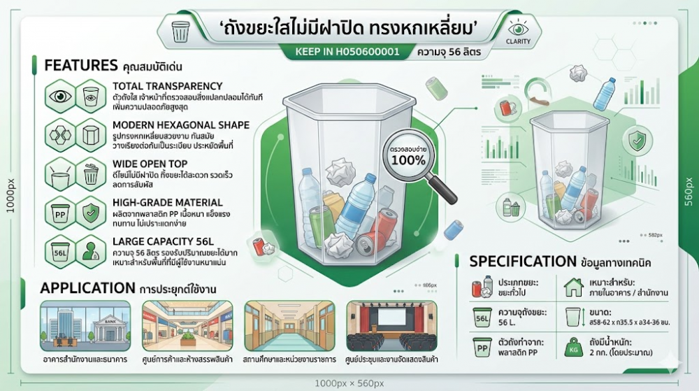 ถังขยะใสไม่มีฝาปิด KEEP IN H050600001 ทรงหกเหลี่ยม ความจุ 56 ลิตร