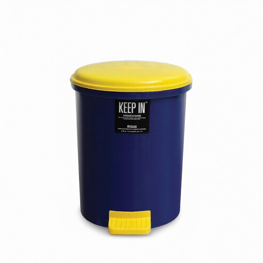 ถังขยะเท้าเหยียบ KEEP IN H050400030 ทรงกลม สีน้ำเงินฝาเหลือง ความจุ 10 ลิตร