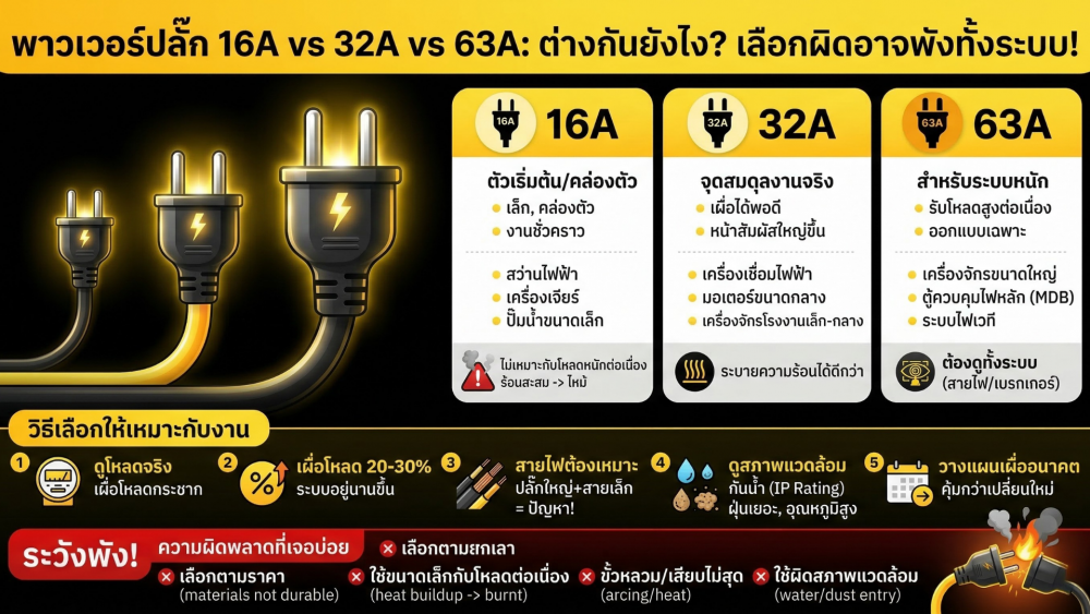 พาวเวอร์ปลั๊ก 16A 32A 63A ต่างกันยังไง ใช้กับเครื่องแบบไหน เลือกผิดอาจพังทั้งระบบ